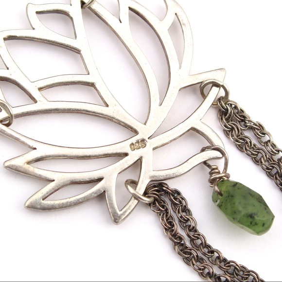 Sterling Silver Lotus Pendant Necklace Nephrite Jade Gemstone & Brown Leather - Picture 6 of 6